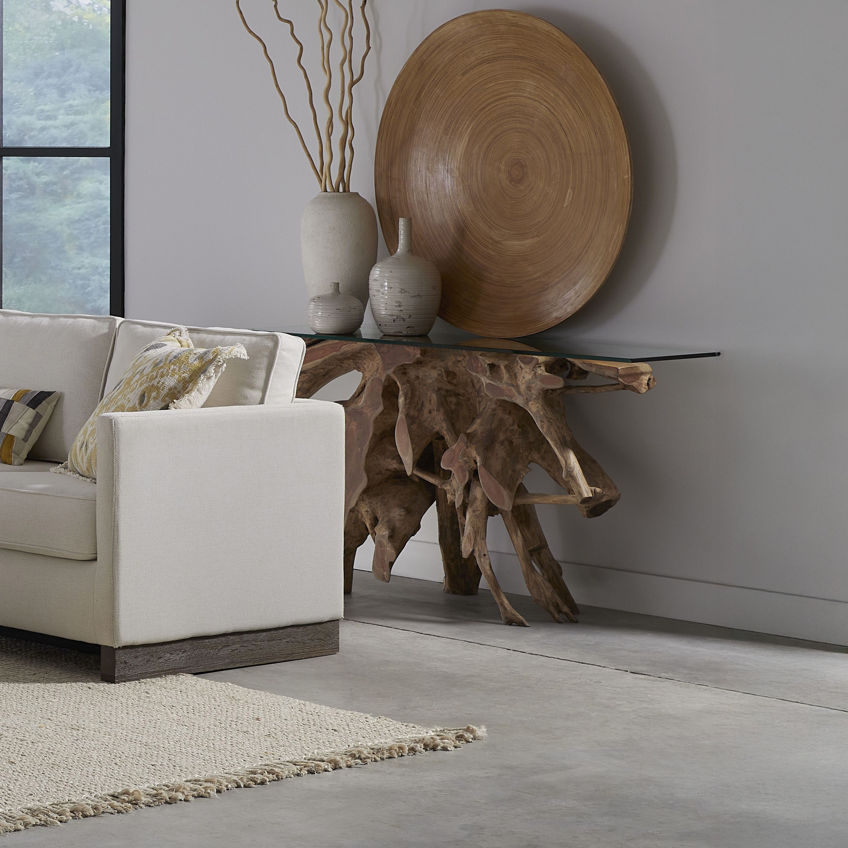 Solid Teak Root Glass Top Console Table