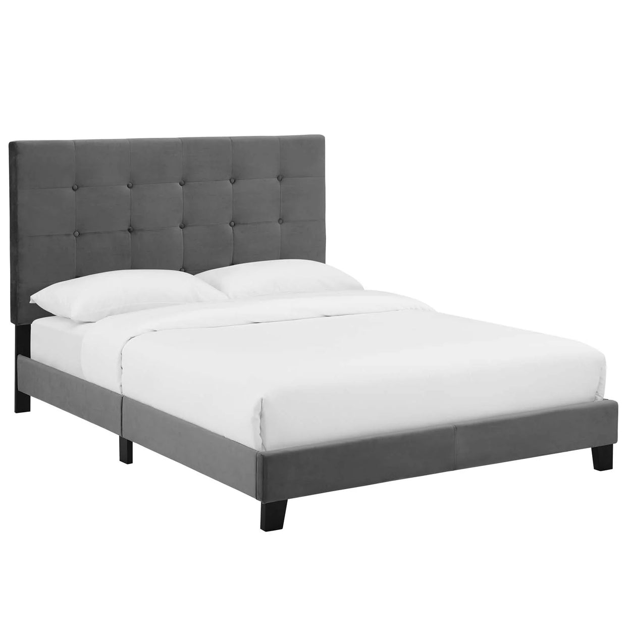 Modern Gray Velvet Platform Bed with Tufted Headboard