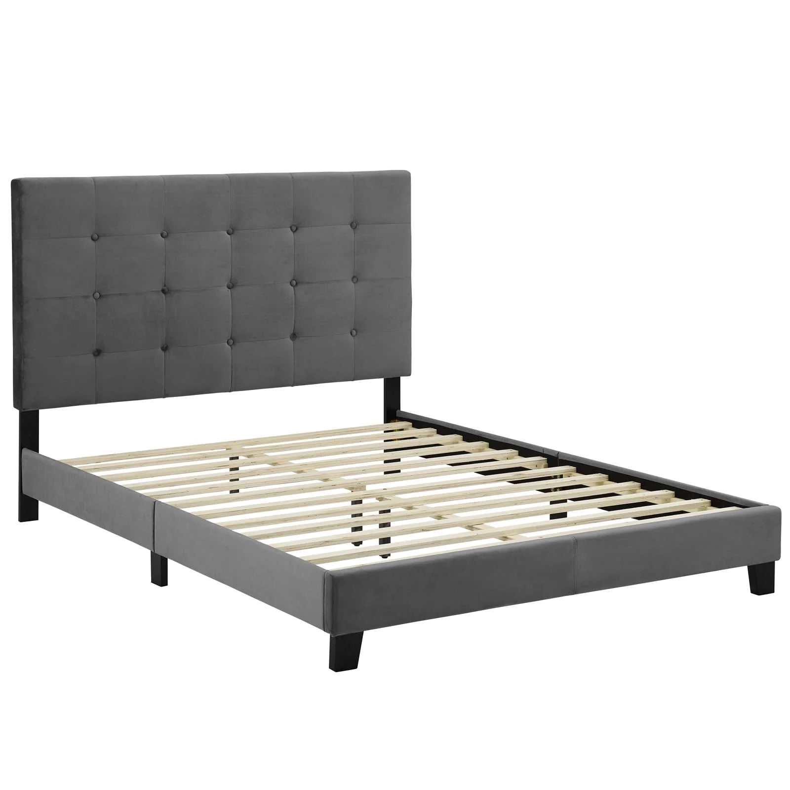 Modern Gray Velvet Platform Bed with Tufted Headboard