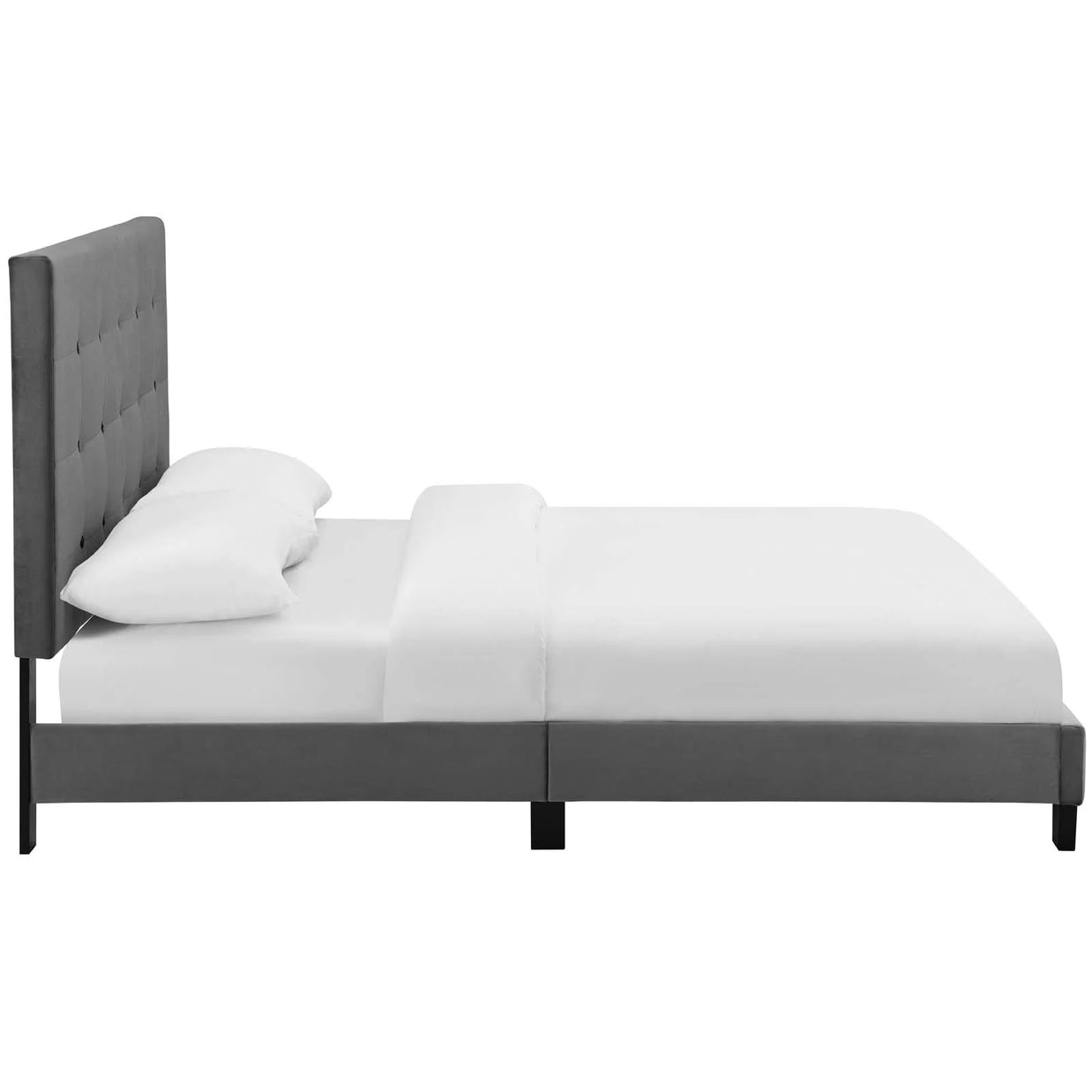 Modern Gray Velvet Platform Bed with Tufted Headboard