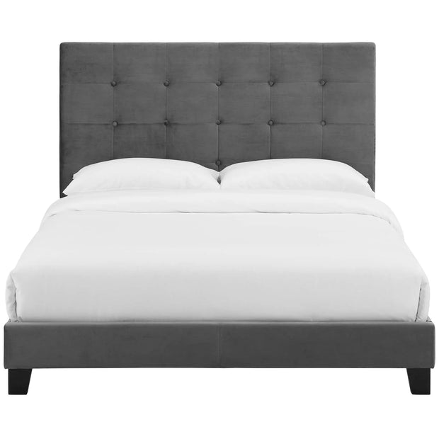Modern Gray Velvet Platform Bed with Tufted Headboard