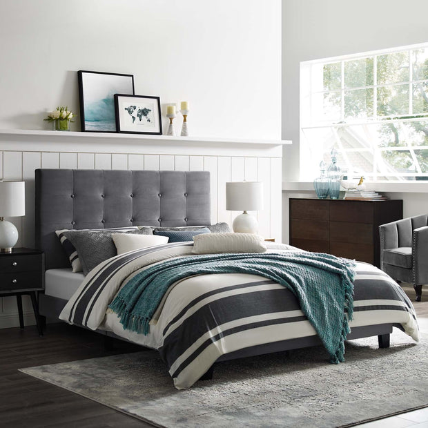 Modern Gray Velvet Platform Bed with Tufted Headboard