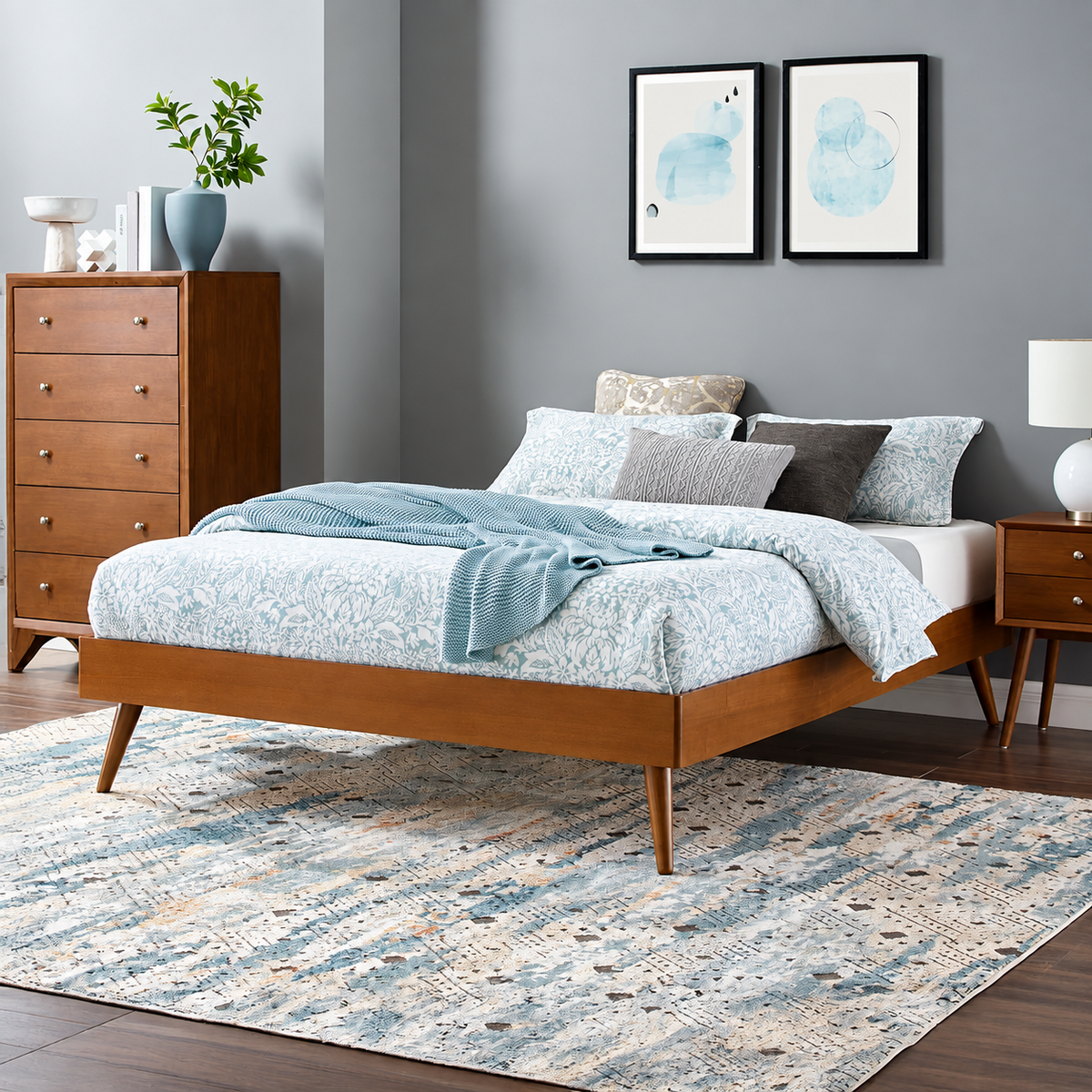 Walnut Wood Platform Full Bed Frame