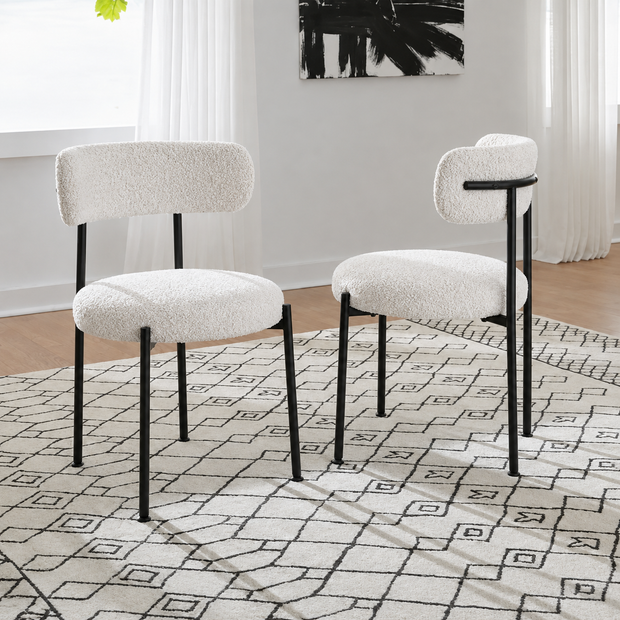 Modern White Boucle Upholstered Dining Chair Set