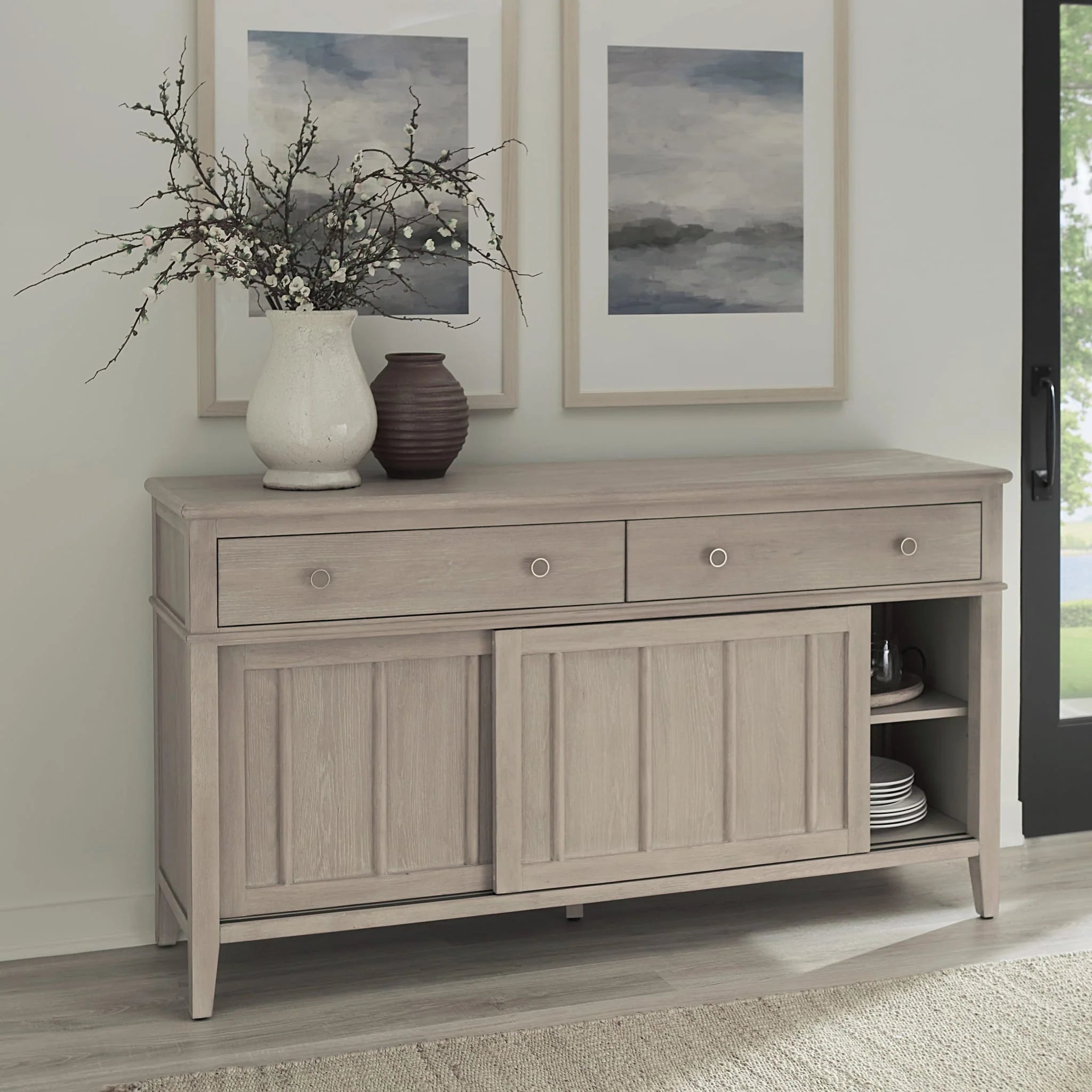Two Drawer Two Door Light Oak Wood Sideboard