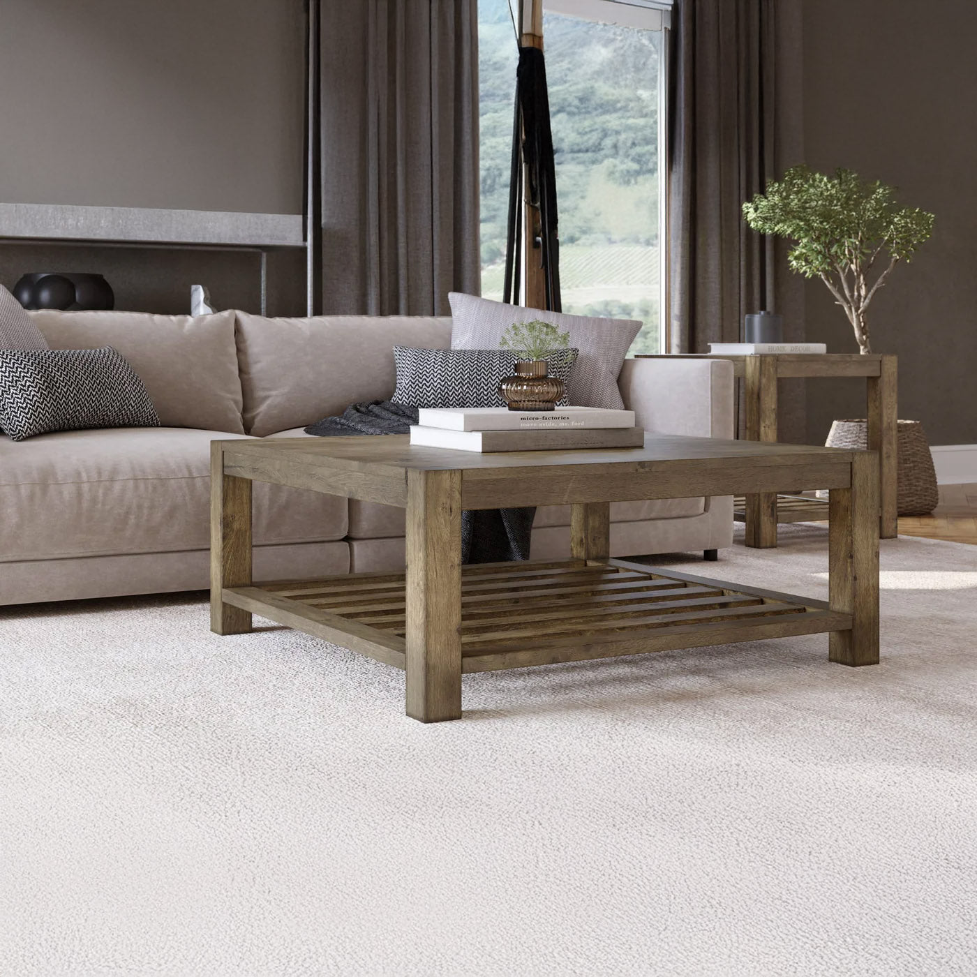 Solid Wood Square Coffee Table with Lower Shelf