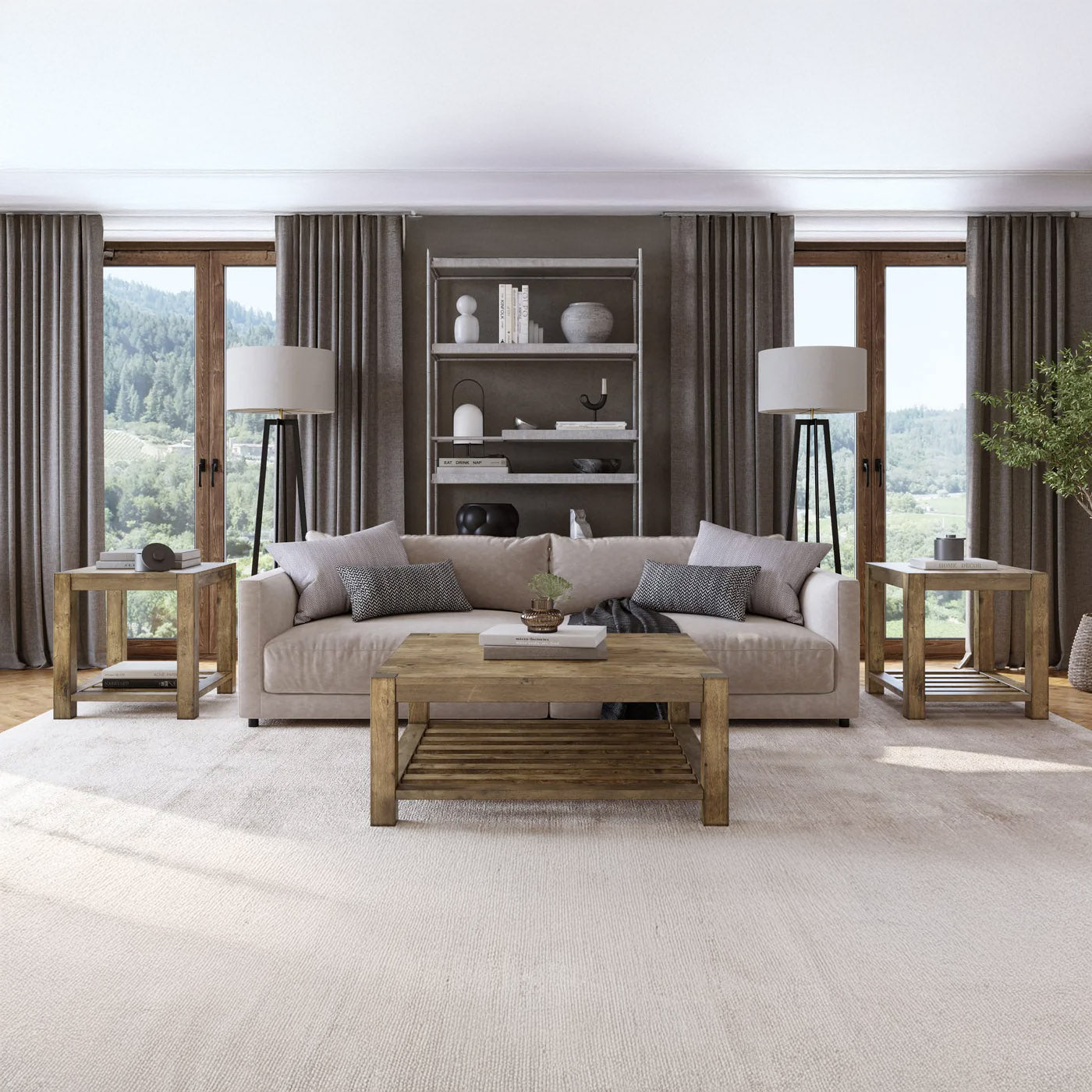 Solid Wood Square Coffee Table with Lower Shelf