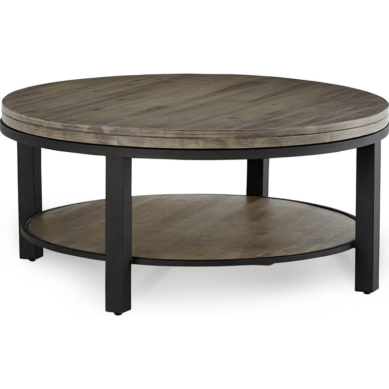 Round Solid Wood & Metal Coffee Table with Lower Shelf