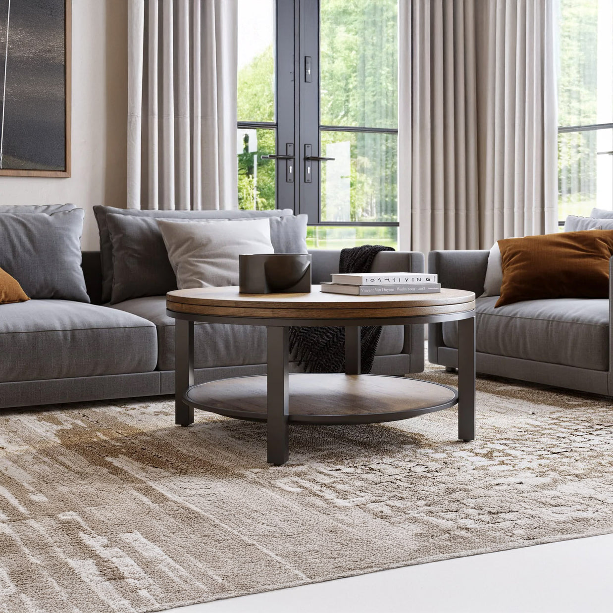 Round Solid Wood & Metal Coffee Table with Lower Shelf
