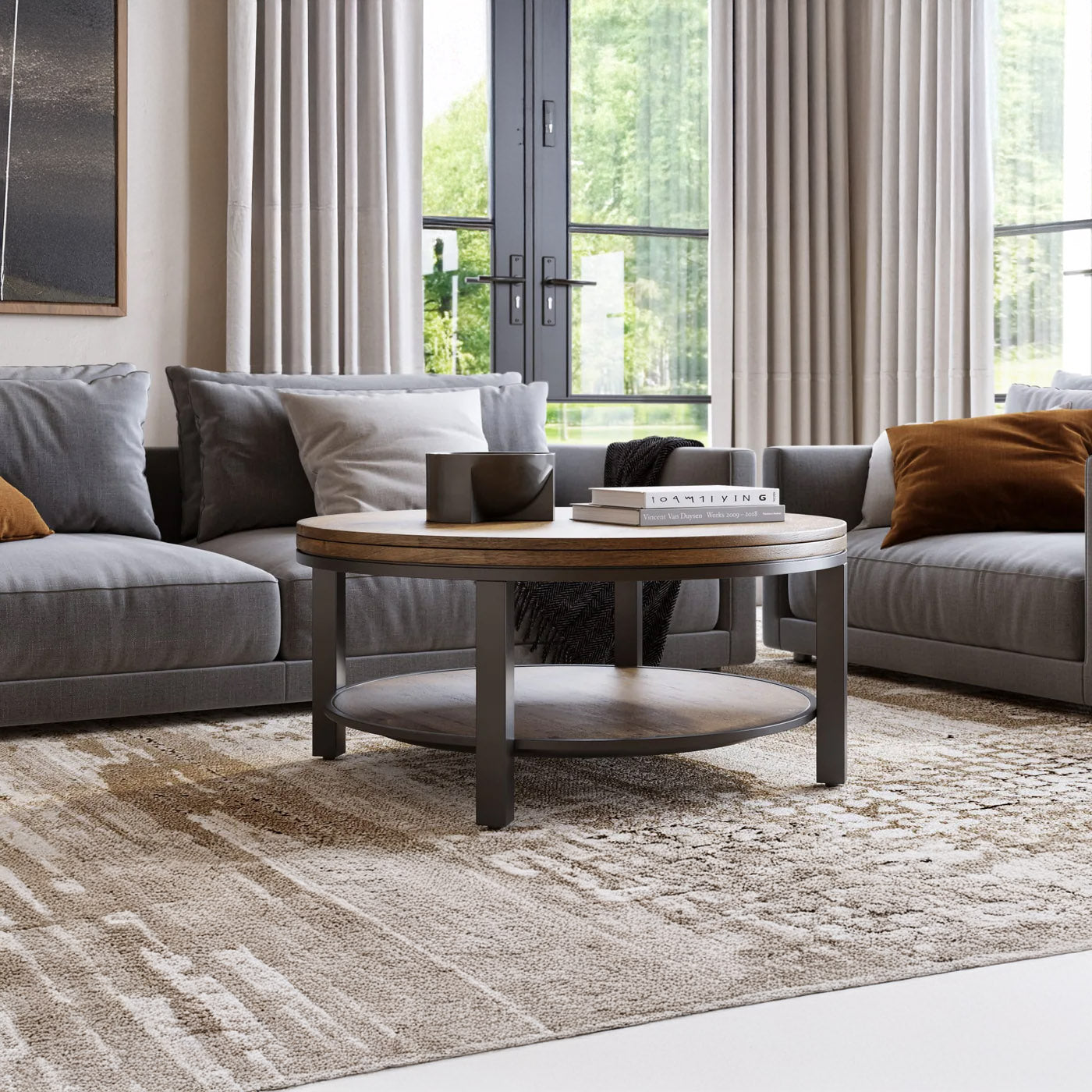 Round Solid Wood & Metal Coffee Table with Lower Shelf