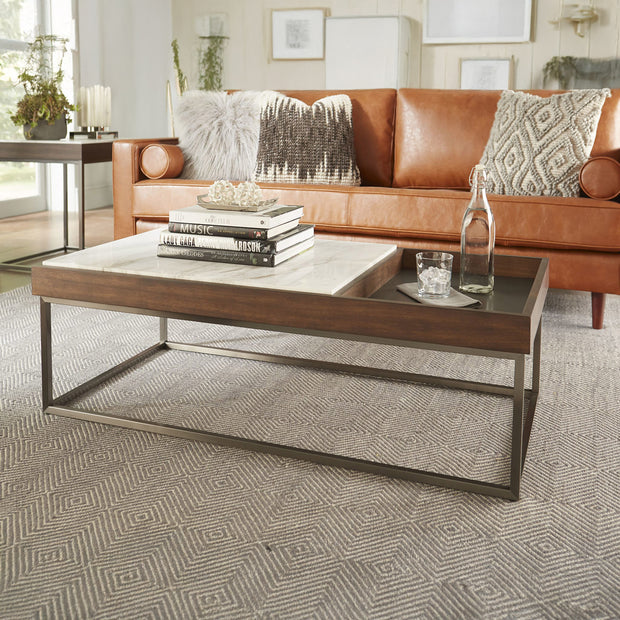 Modern Wood & Marble Coffee Table with Metal Base