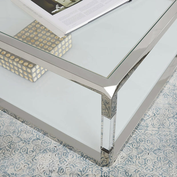 Modern Rectangle Glass Coffee Table with Chrome Frame & Lower Shelf