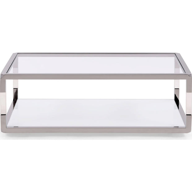 Modern Rectangle Glass Coffee Table with Chrome Frame & Lower Shelf