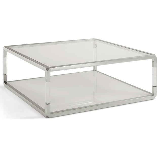Modern Square Glass Coffee Table with Chrome Frame & Lower Shelf