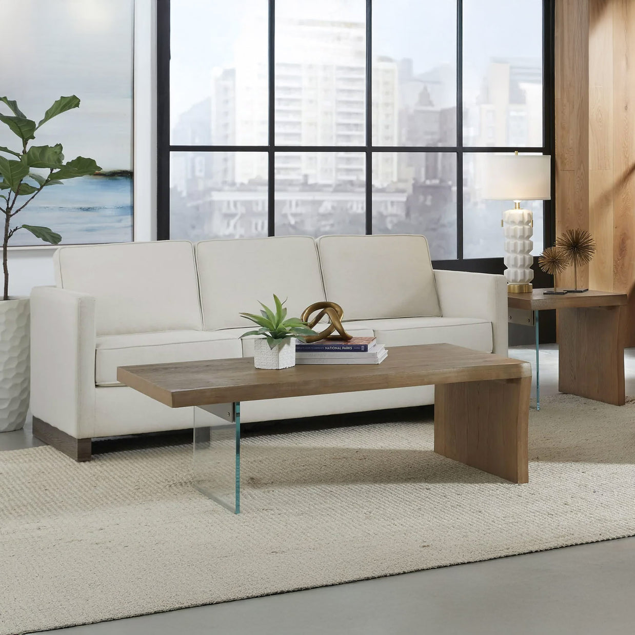 Modern White Oak & Glass Coffee Table