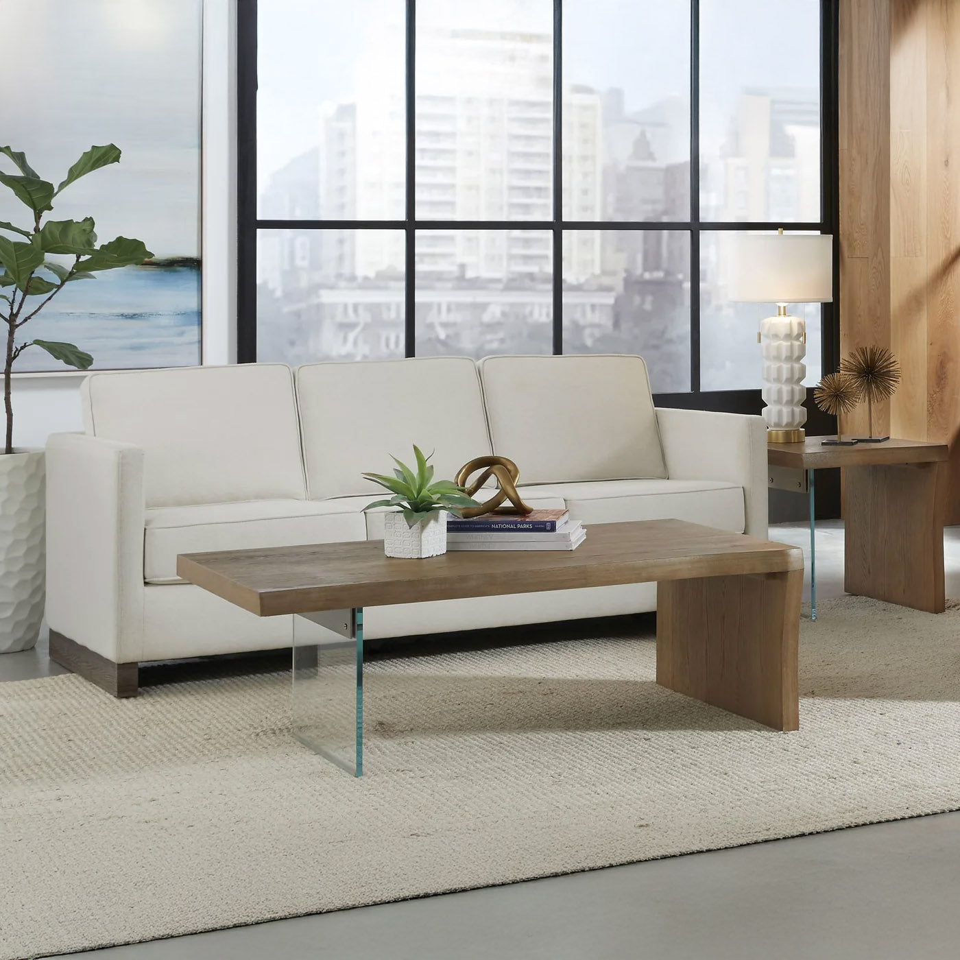 Modern White Oak & Glass Coffee Table