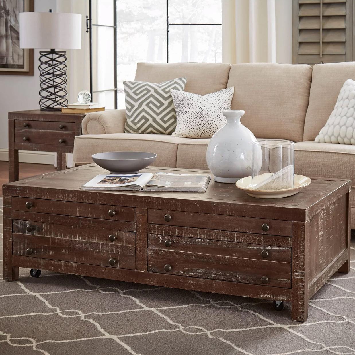 Solid Wood Storage Coffee Table with Drawers & Casters