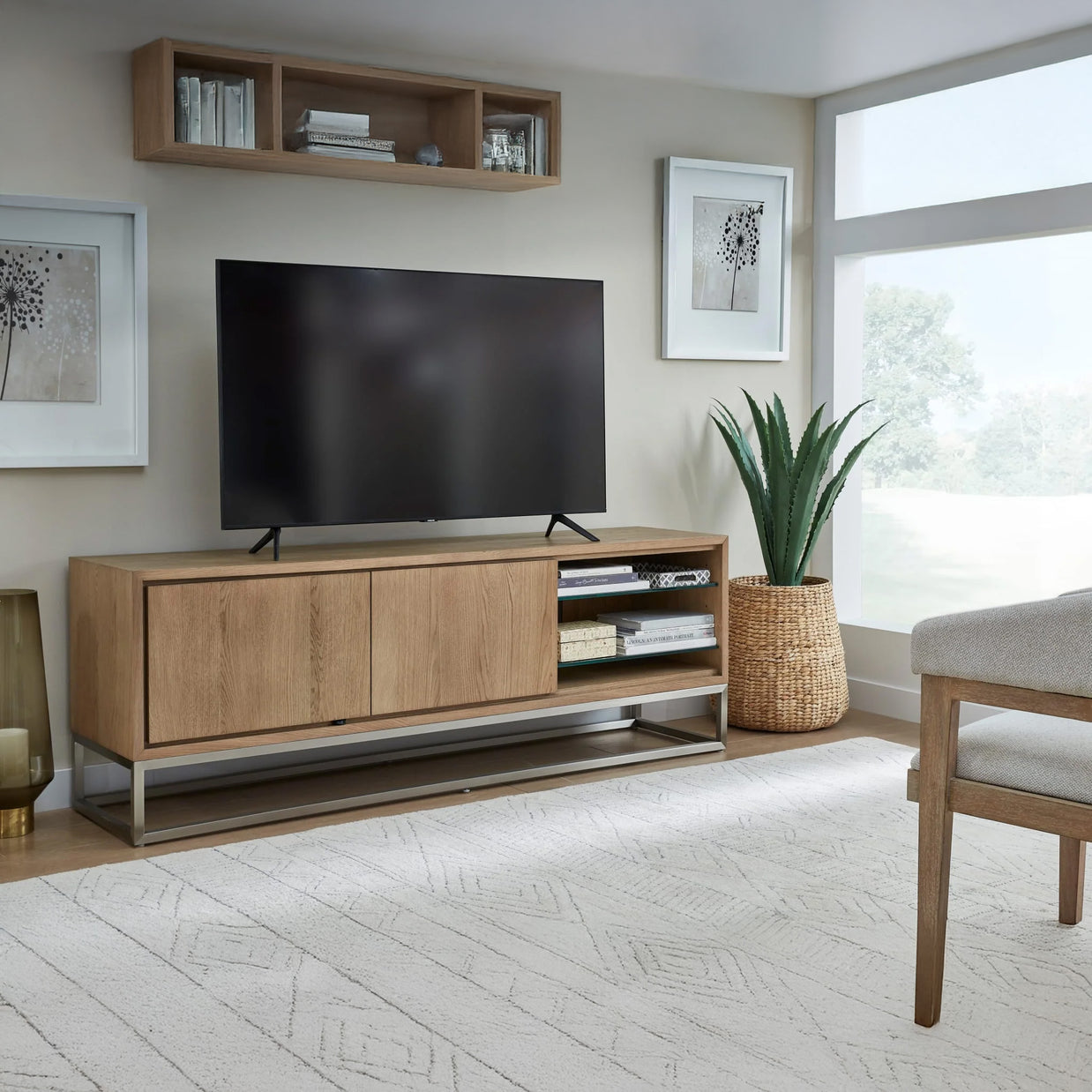White Oak TV Media Console with Floating Glass Shelf