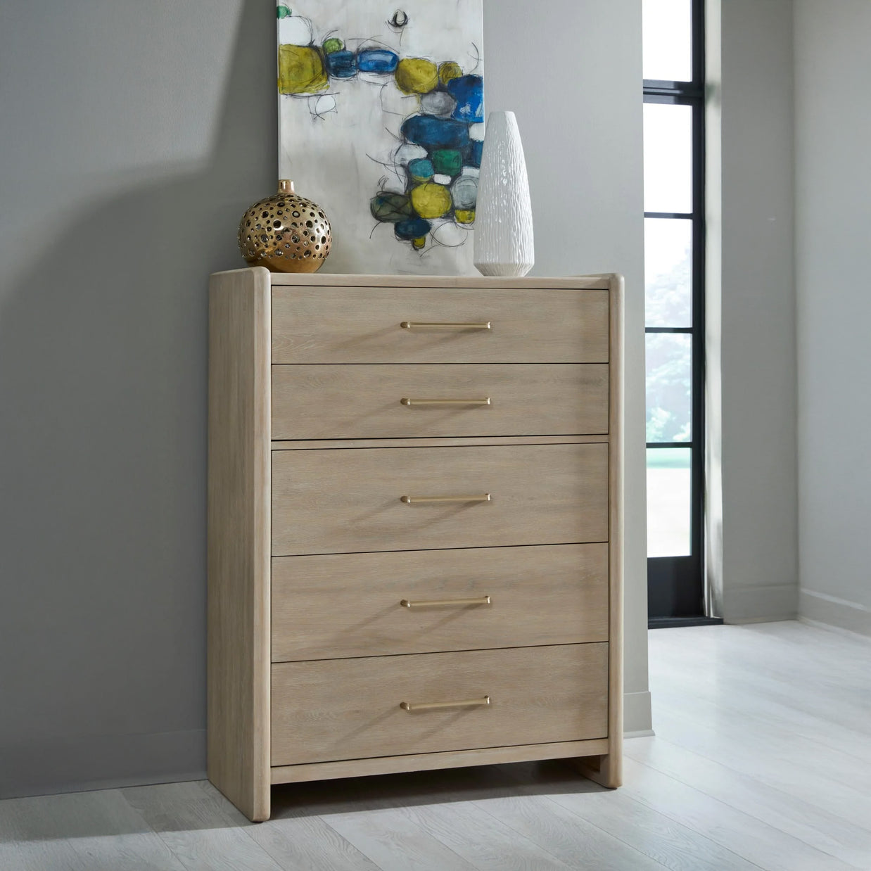 Chai Finish Oak Wood 5 Drawer Chest