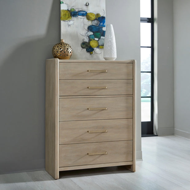 Chai Finish Oak Wood 5 Drawer Chest