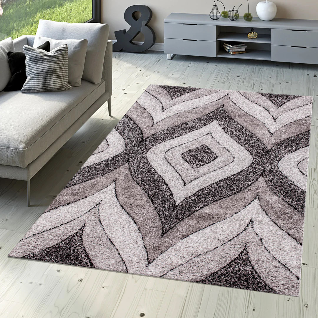 Geometric Area Rug – Grey & Cream Shag Design