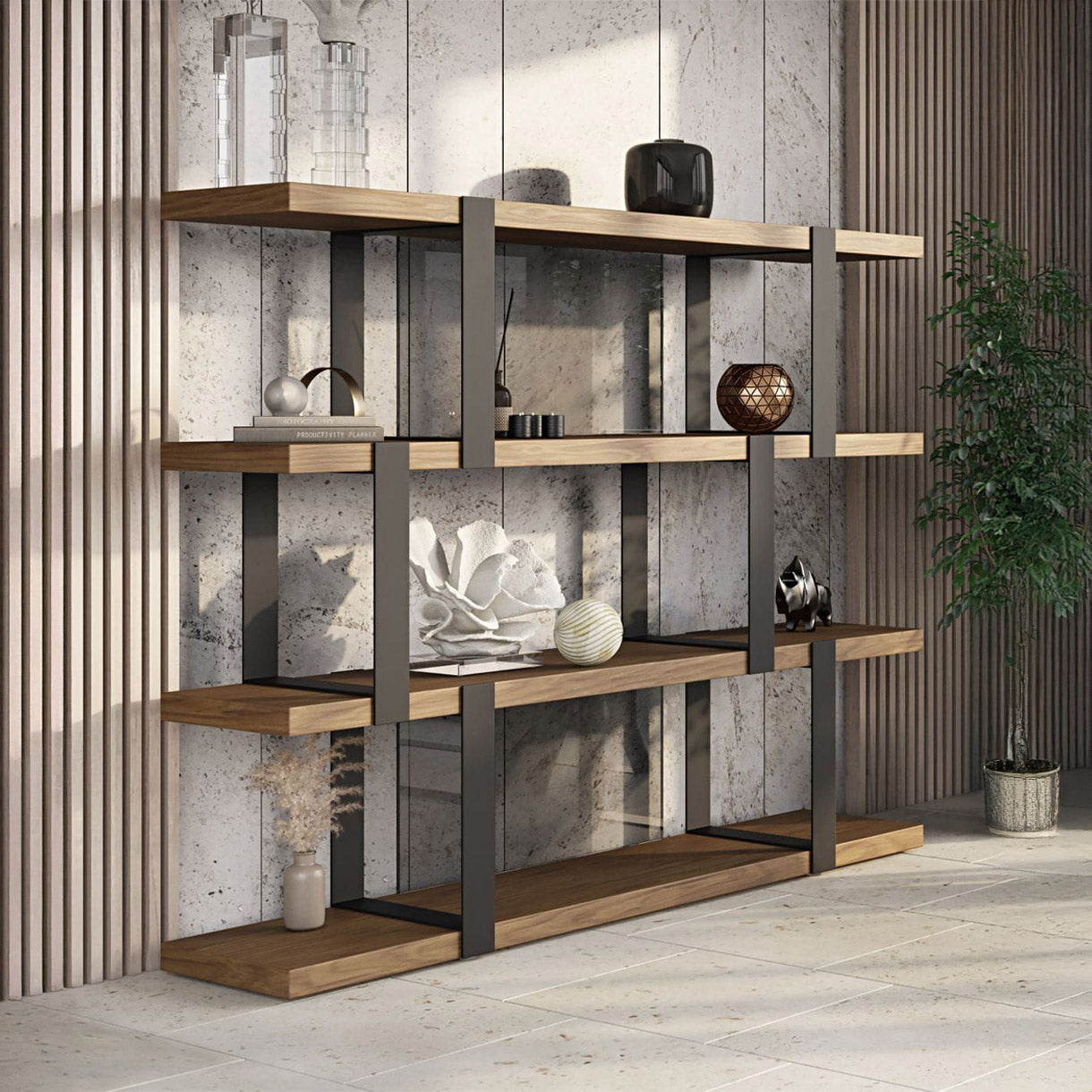 Modern Walnut & Black Bookshelf
