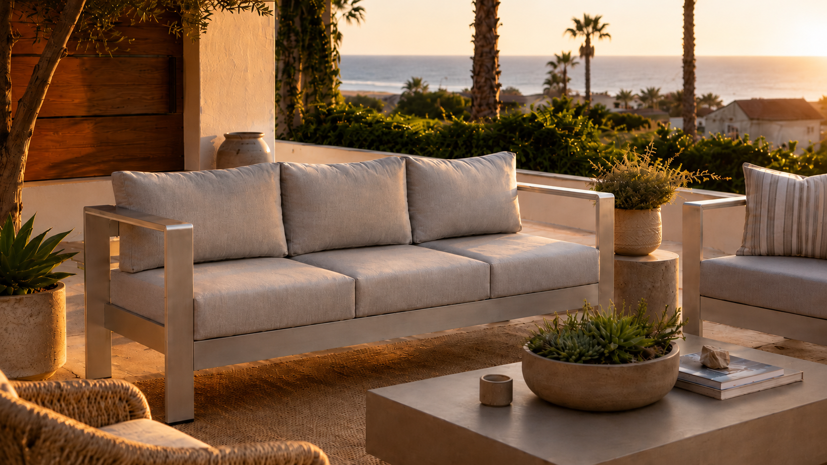Powder-coated aluminum Shore outdoor sofa styled on a coastal patio at sunset
