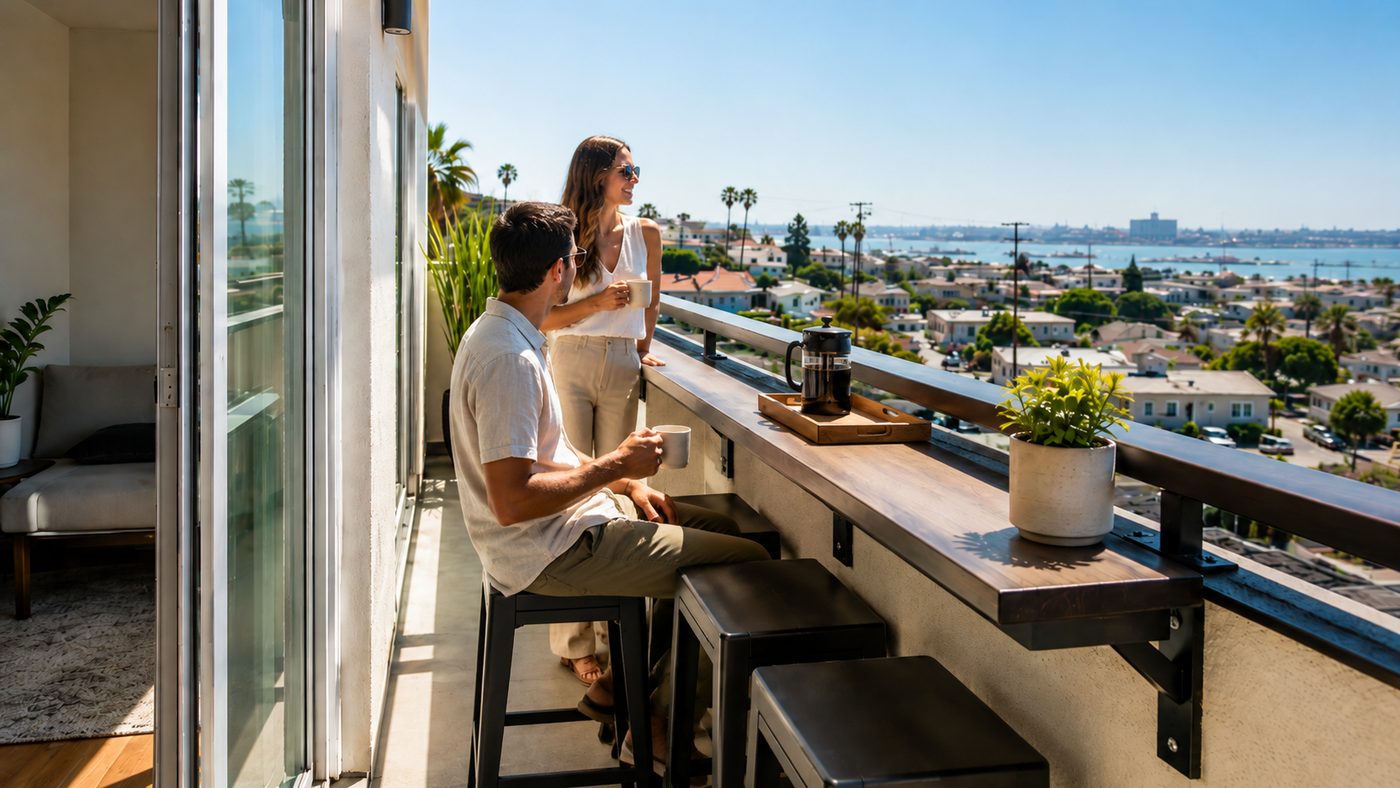 Two people at a railing-mounted bar ledge with tuck-under stools on a narrow balcony overlooking the bay