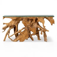Solid Teak Root Glass Top Console Table