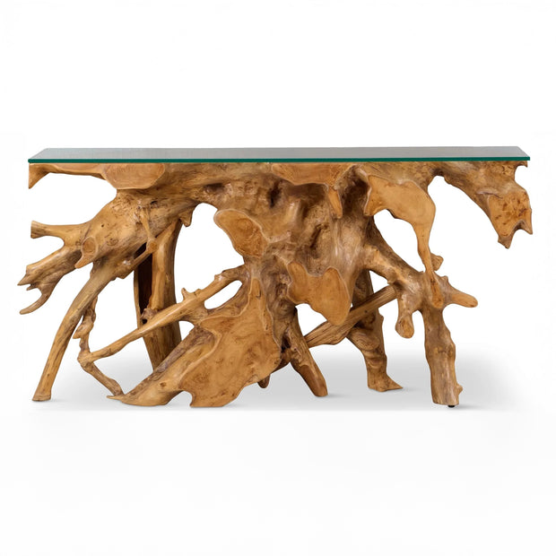 Solid Teak Root Glass Top Console Table