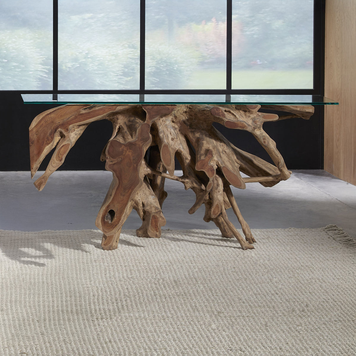 Root Table Glass Solid Teak Root Glass Top Console Table – Caravana Furniture Shop