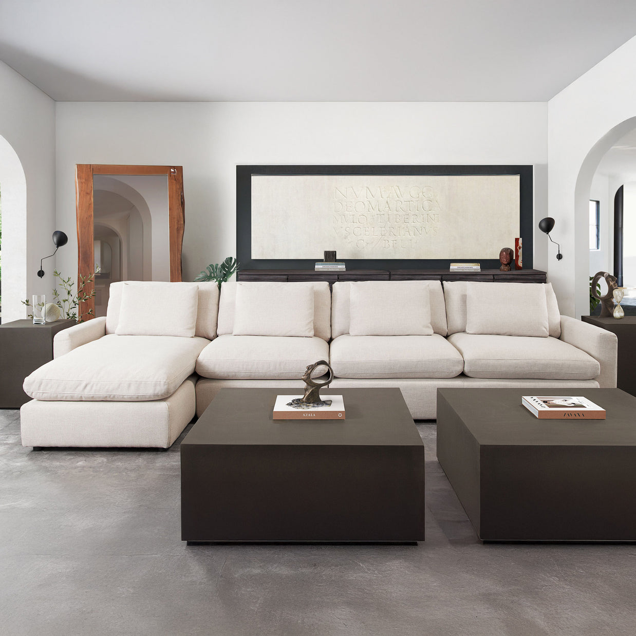 Cream 3-piece reversible sectional with chaise in modern living room