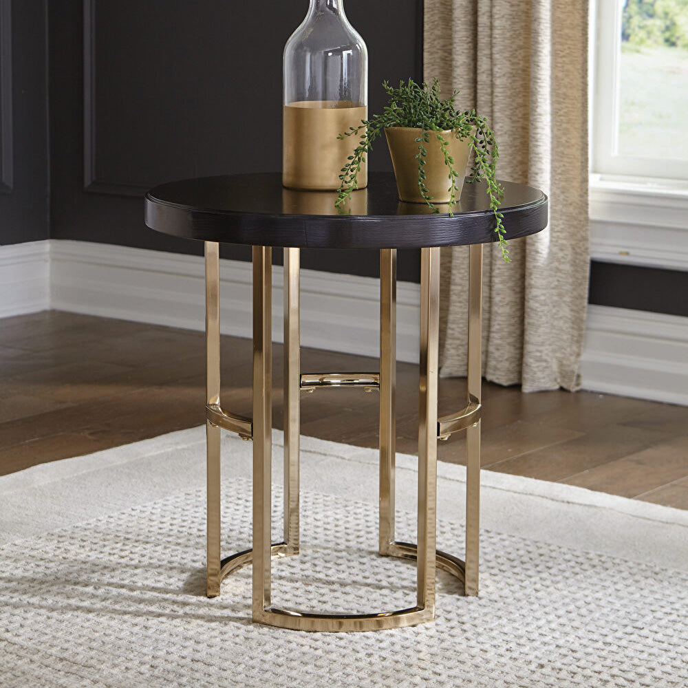 Round Oak & Gold Metal End Table