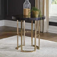 Round Oak & Gold Metal End Table