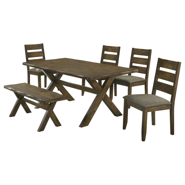 6-piece farmhouse dining set with trestle table four chairs and bench