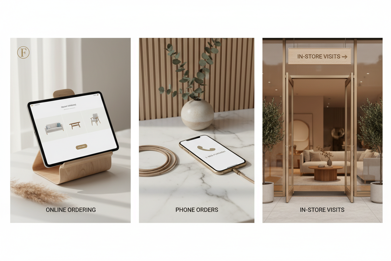 I need an image for a hero banner for placing an order I we have 3 ways to place an order on line by phone or in store. can you give me a banner that shows these three pictures in 3 different areas 