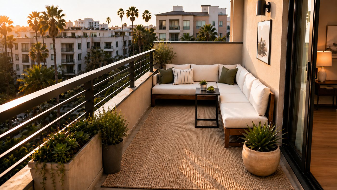 L-shaped outdoor sectional tucked into the corner of a balcony at golden hour