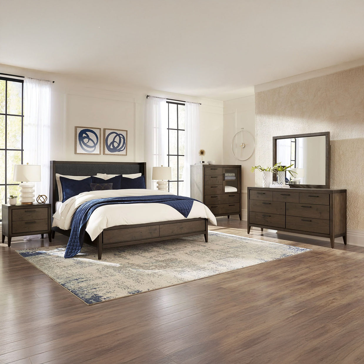 Mid-century mahogany 5-piece bedroom set in styled bedroom