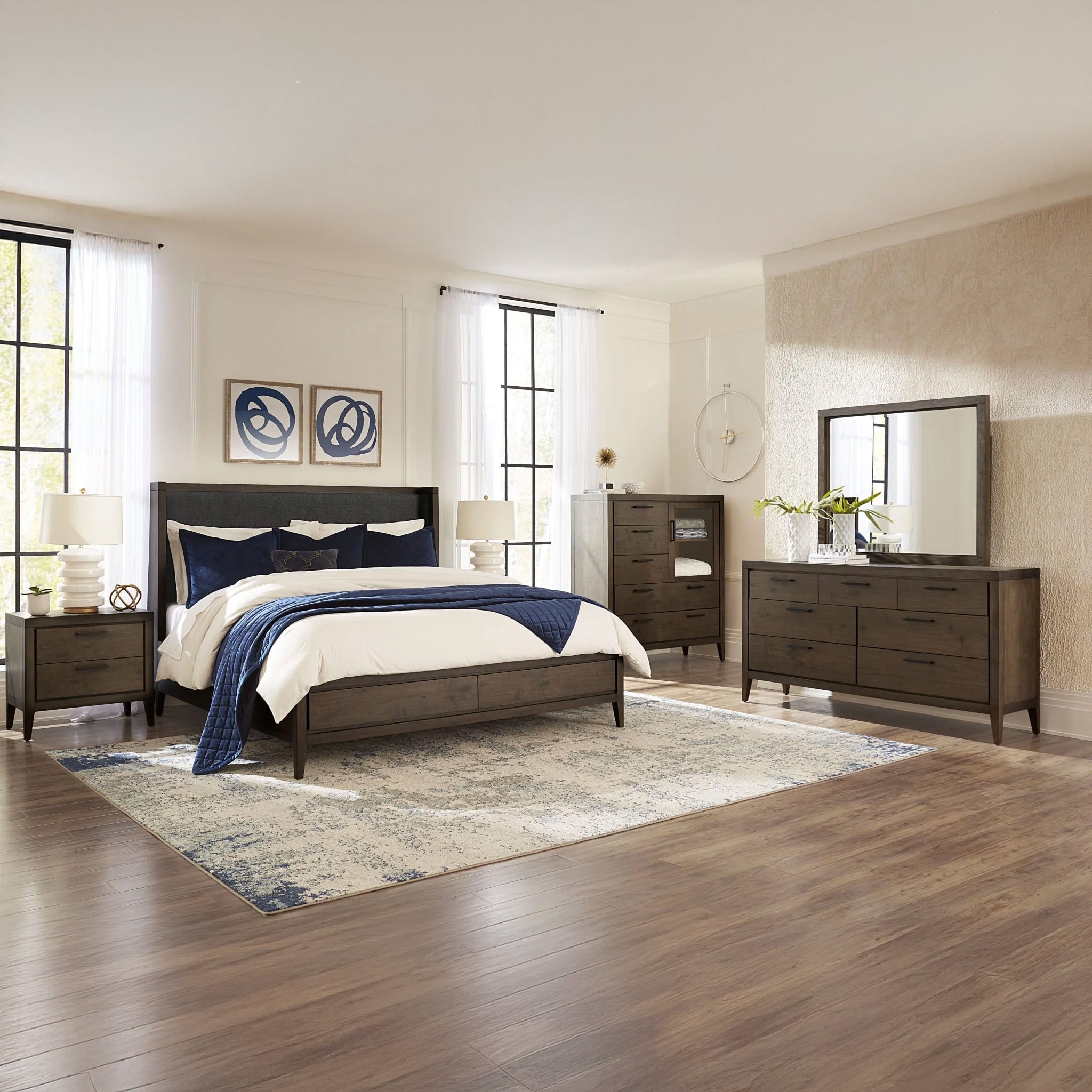 Mid-century mahogany 5-piece bedroom set in styled bedroom
