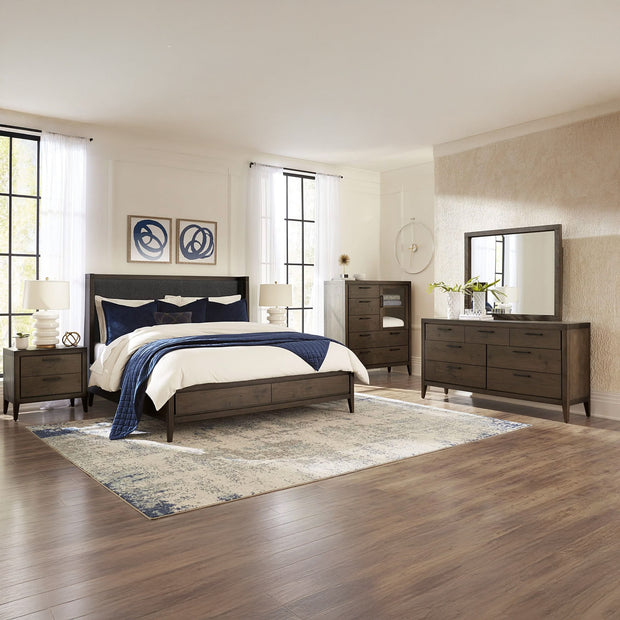 Mid-century mahogany 5-piece bedroom set in styled bedroom