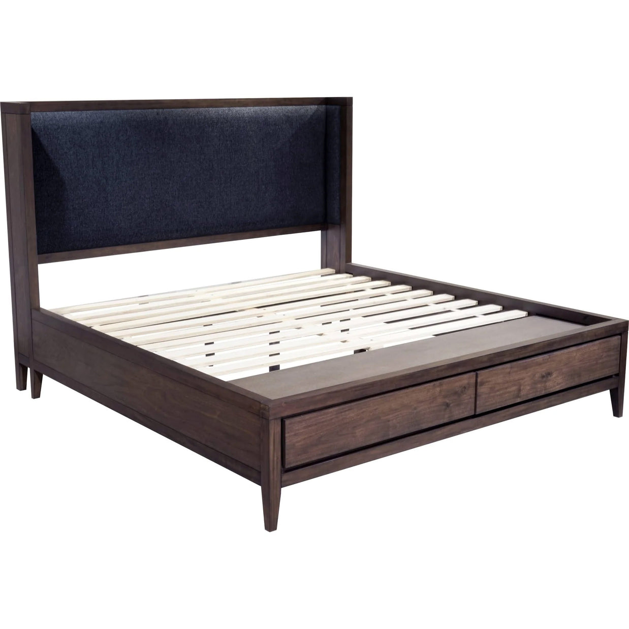 Chenille upholstered headboard on mahogany storage bed