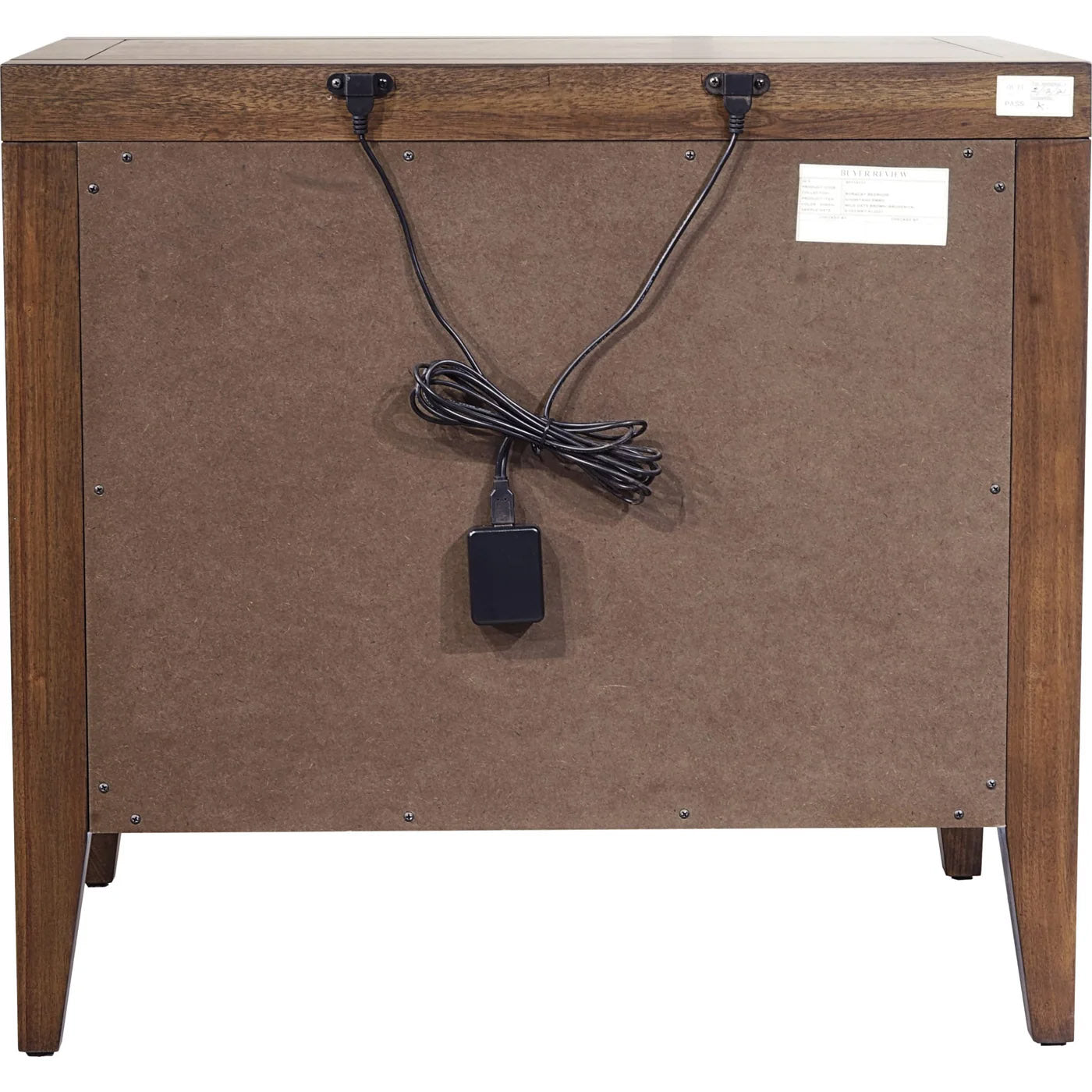 Back View Mahogany two-drawer nightstand with USB charging