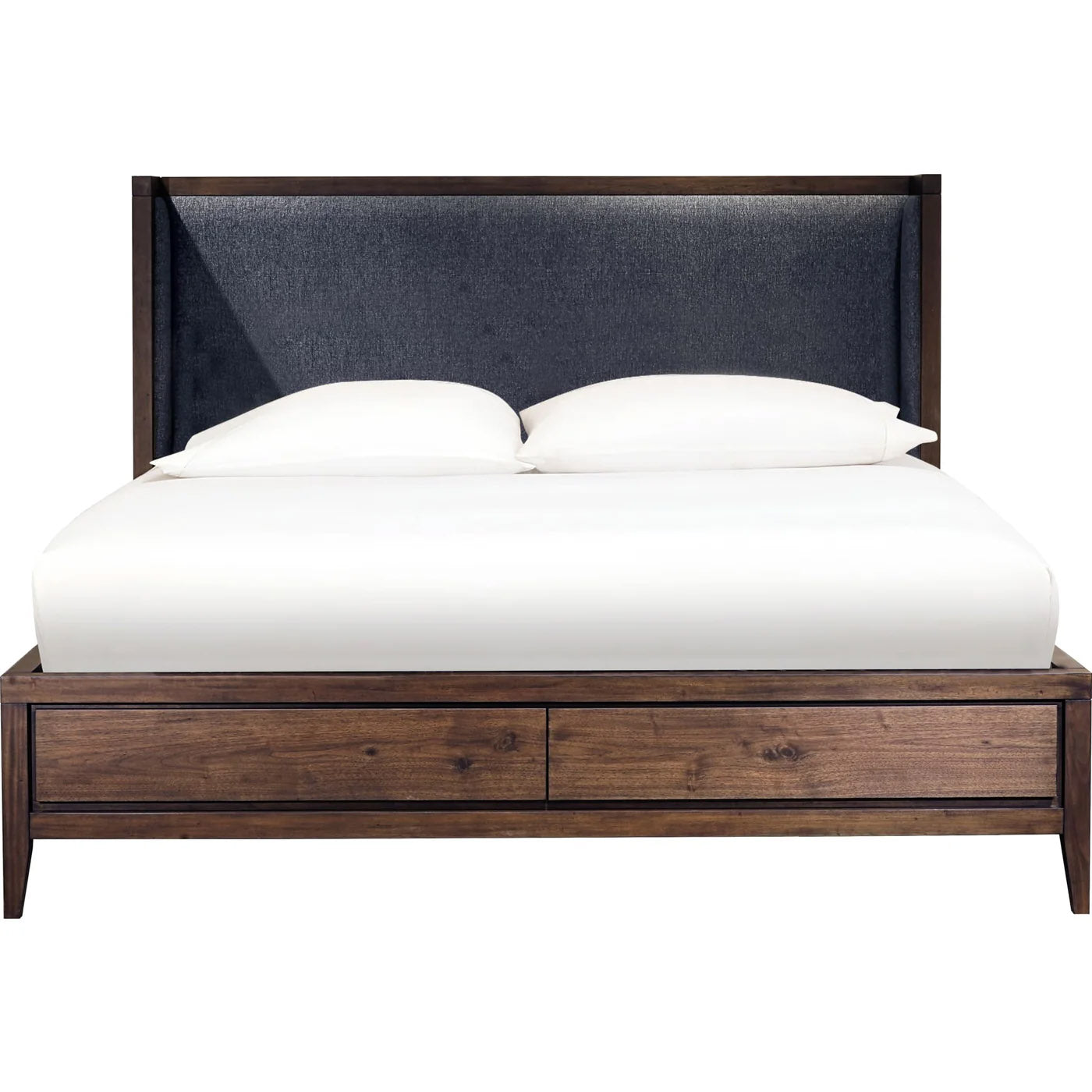 Mahogany storage platform bed with upholstered headboard front view