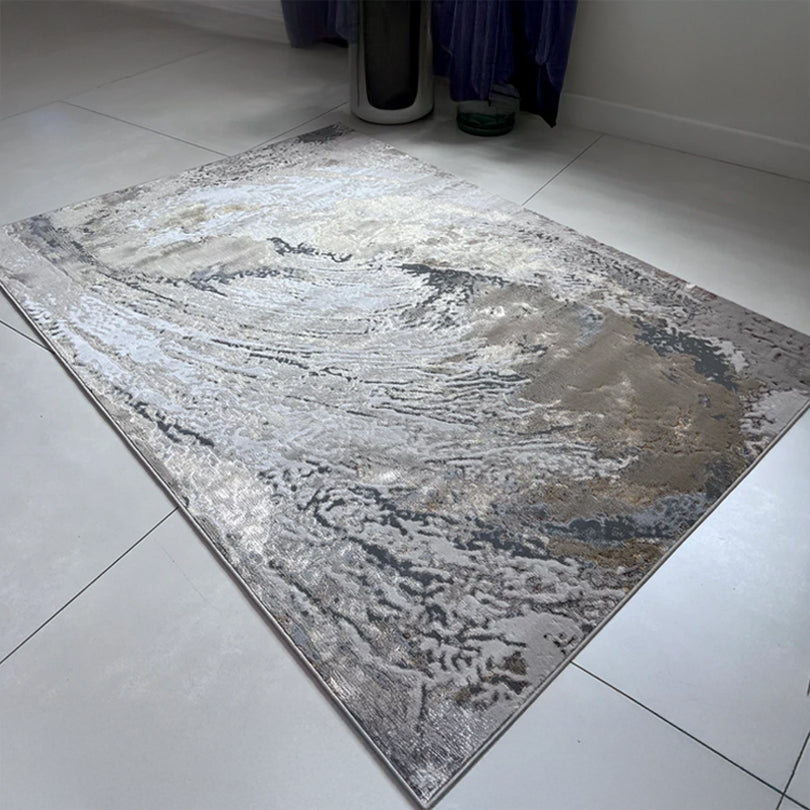 Modern Abstract Area Rug – Grey, Beige & Gold