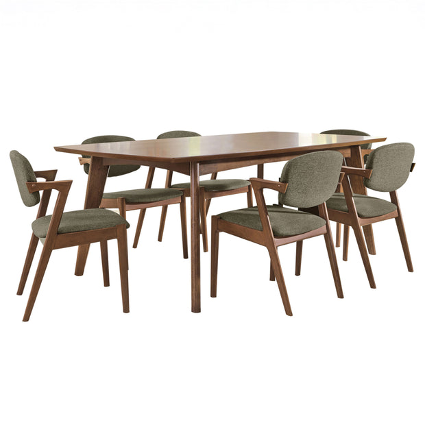 Mid-century 7-piece dining set with walnut table and six gray chairs
