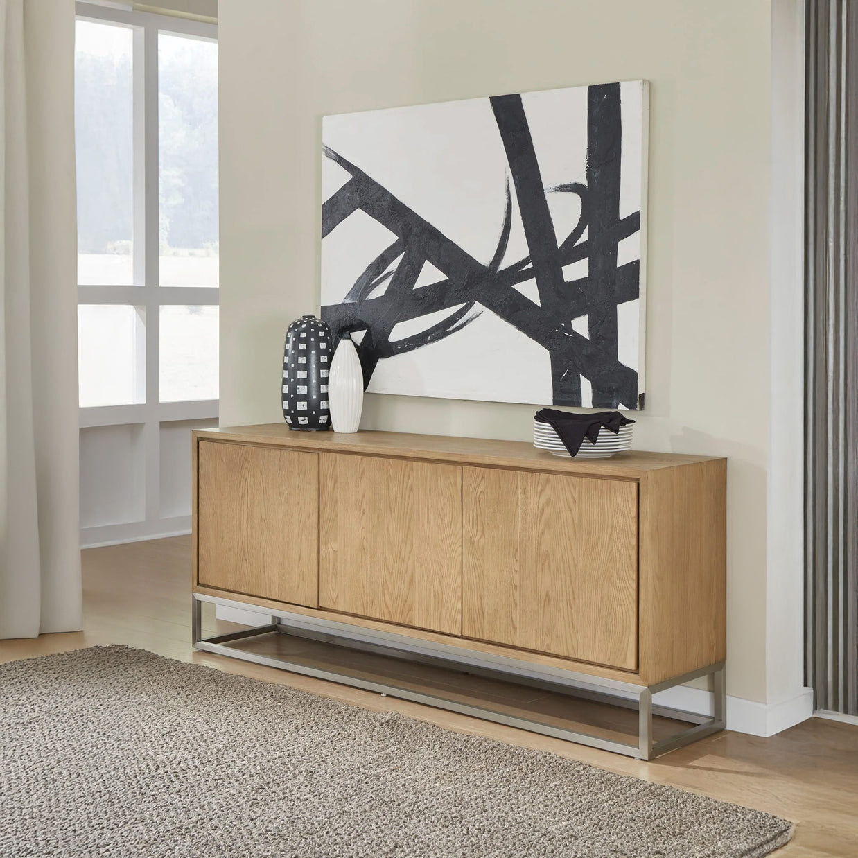 Modern Coastal White Oak Sideboard with Stainless Steel Base
