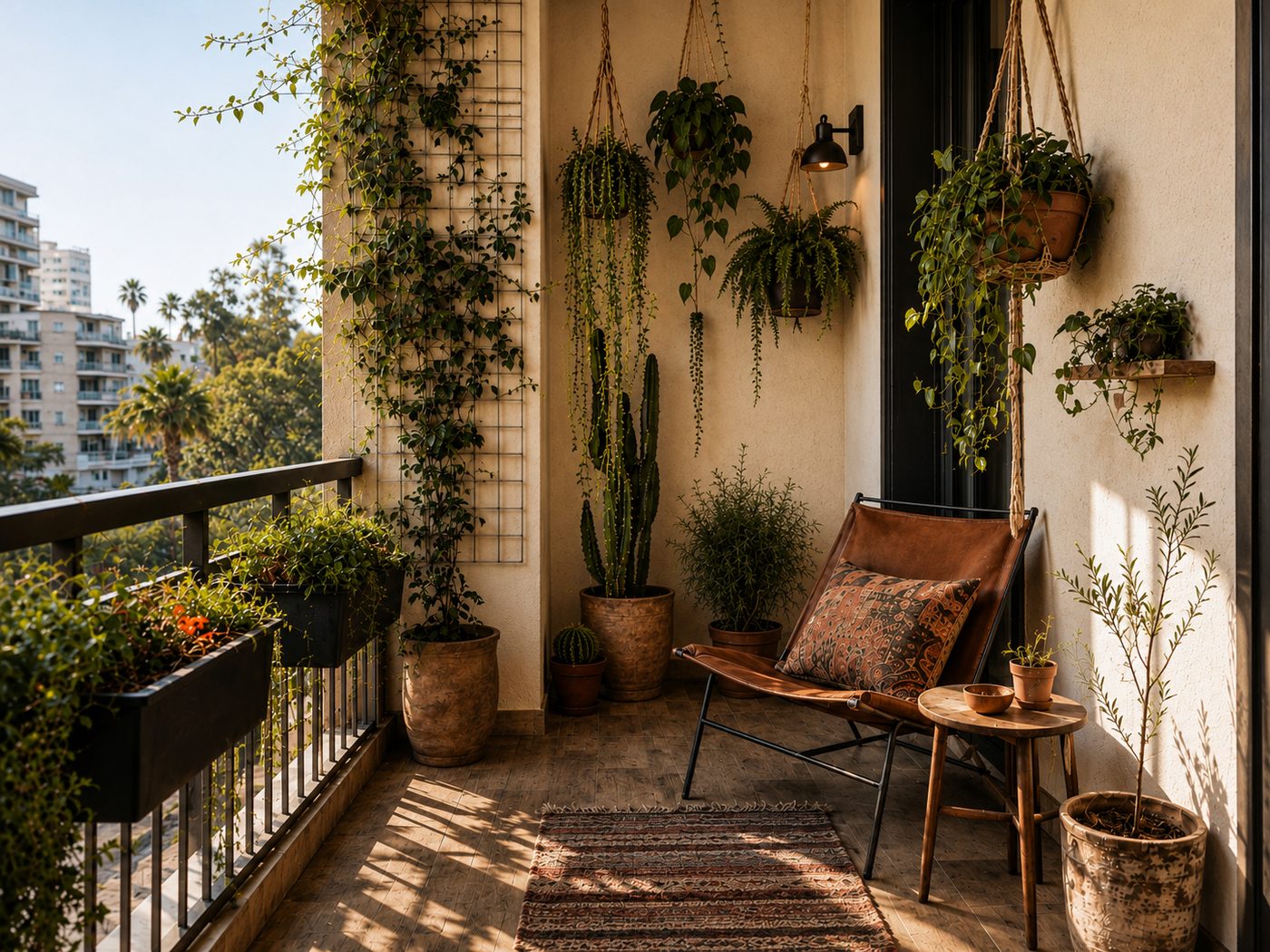 Balcony filled with vertical greenery, hanging baskets and a trellis beside a single leggy lounge chair and small side table