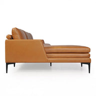 Side view of tan Italian leather mid-century sectional