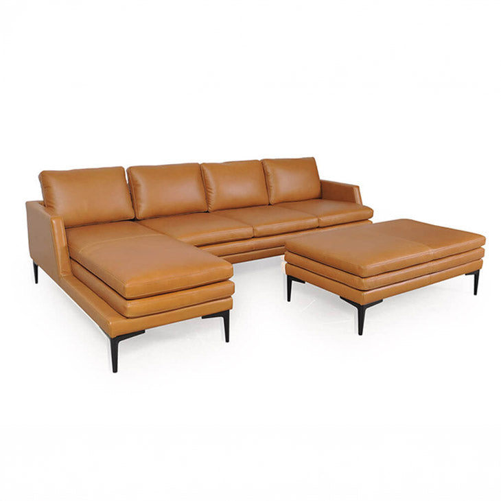 Full angle view of tan Italian leather sectional