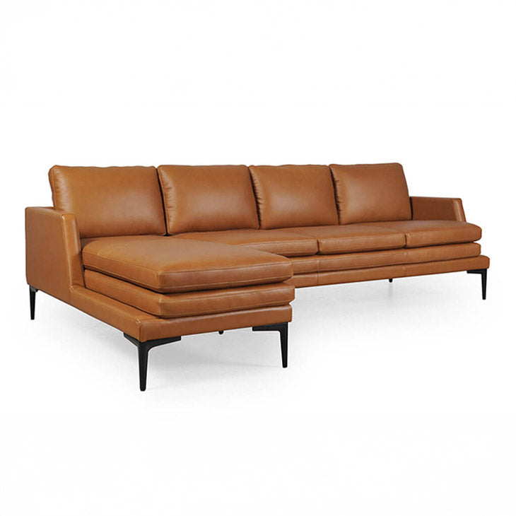 Left-facing chaise detail on tan leather sectional